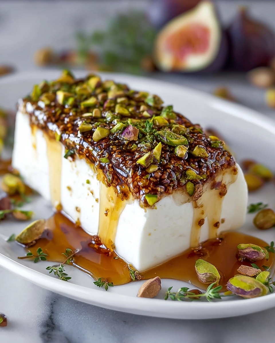 A plate of food with honey, figs, pistachios, and goat cheese.