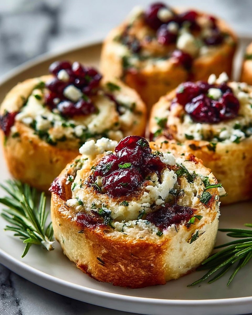 A plate of cranberry cream cheese pinwheels with feta and herbs.