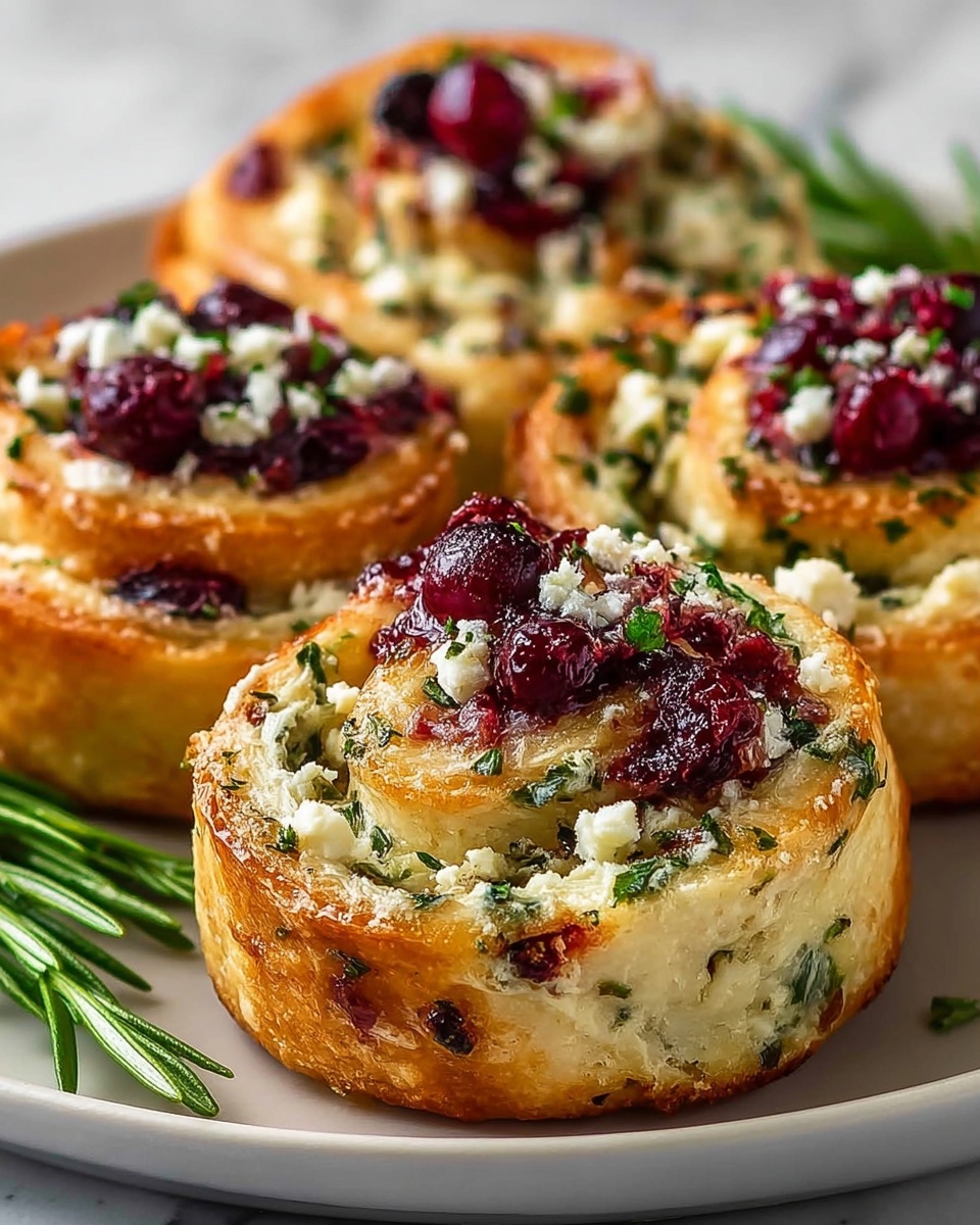 A plate of cranberry cream cheese pinwheels with feta and herbs.