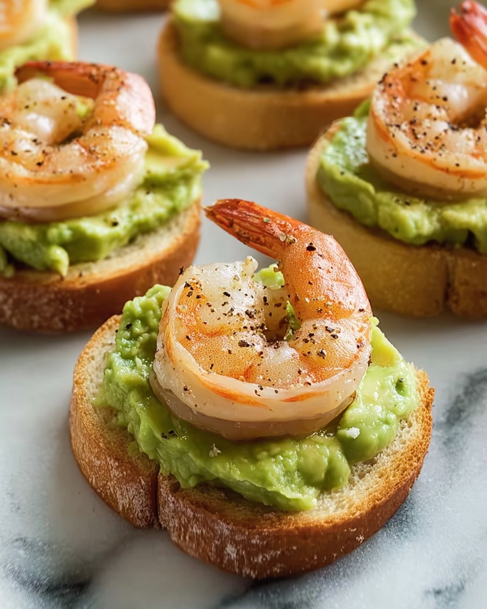 Shrimp crostini with avocado on a plate.