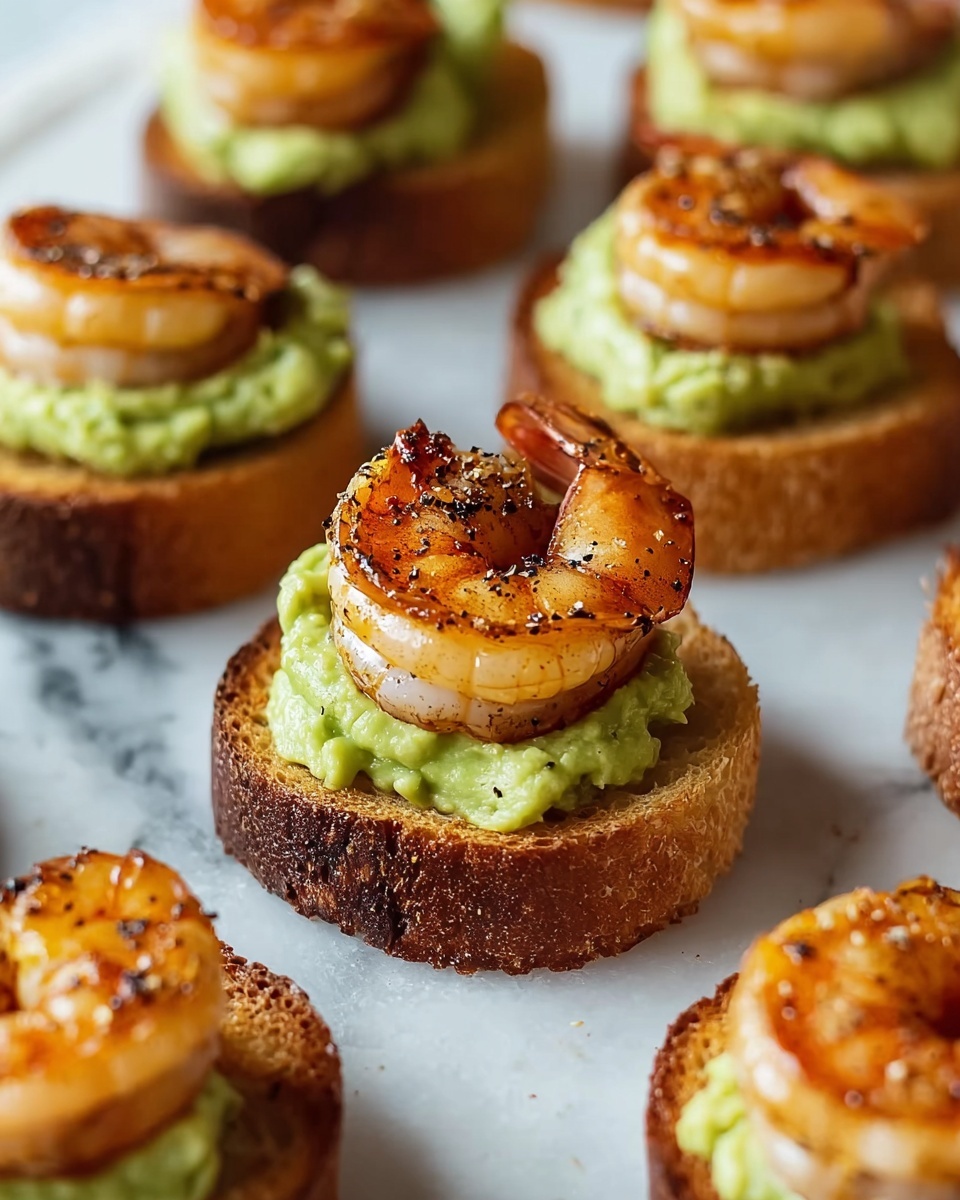 A plate of garlic shrimp crostini with avocado.