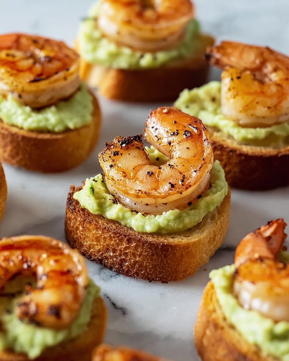 A plate of garlic shrimp crostini with avocado.