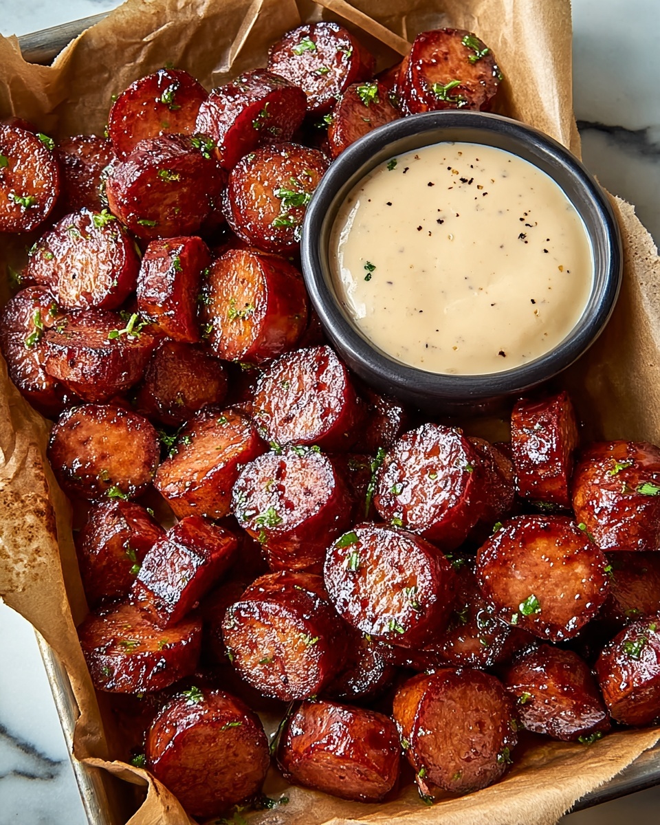 A bowl of mustard hasselback kielbasa bites.