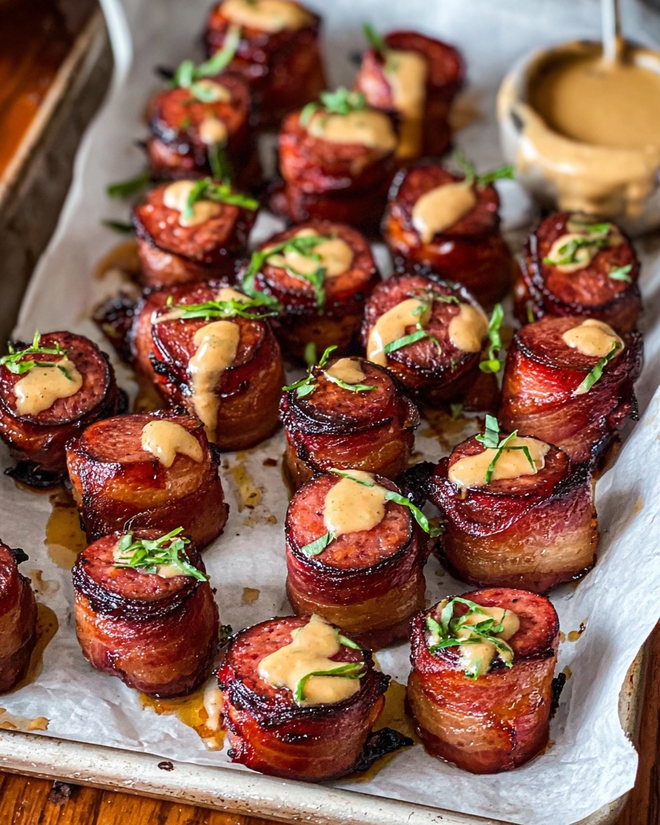 A tray of meatballs with mustard on them.