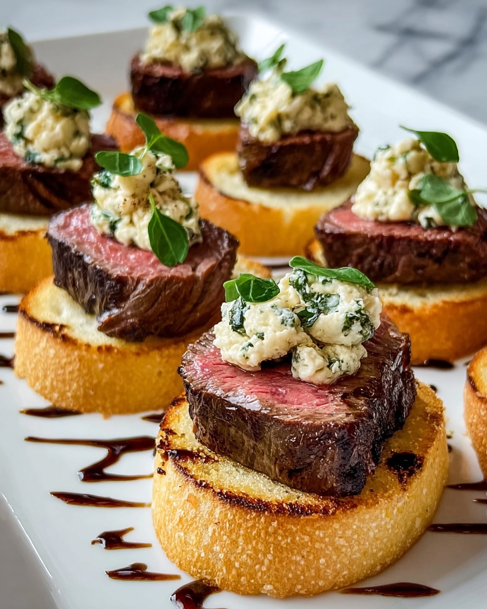 A plate of beef tenderloin gorgonzola crostini.