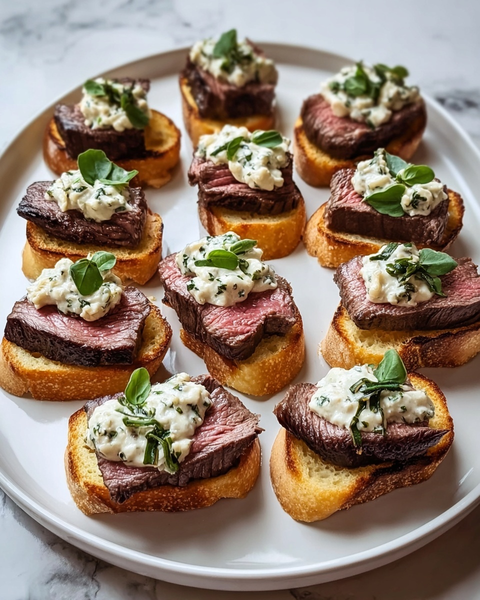 A plate of beef tenderloin gorgonzola crostini.