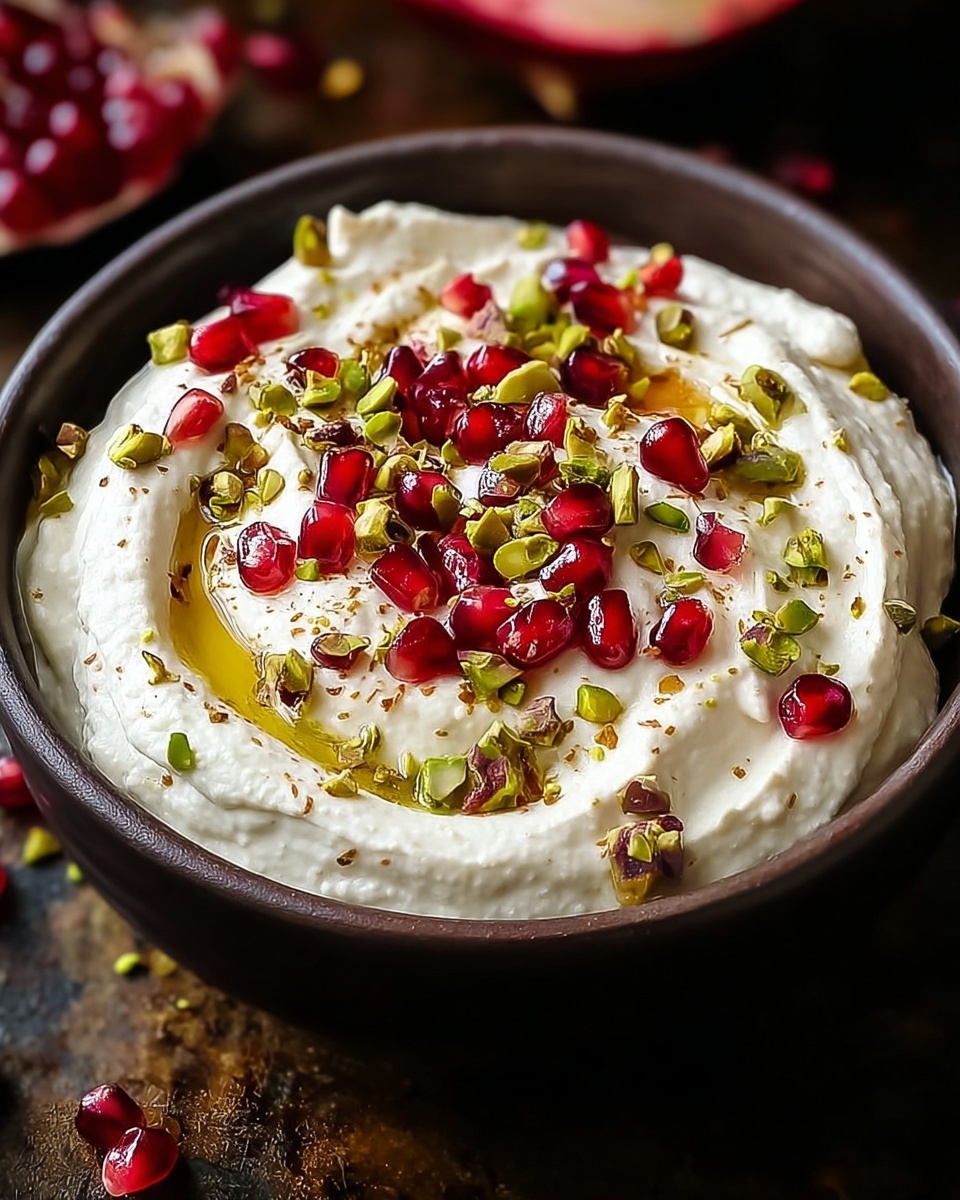 A bowl of white cream with pomegranate seeds on top.