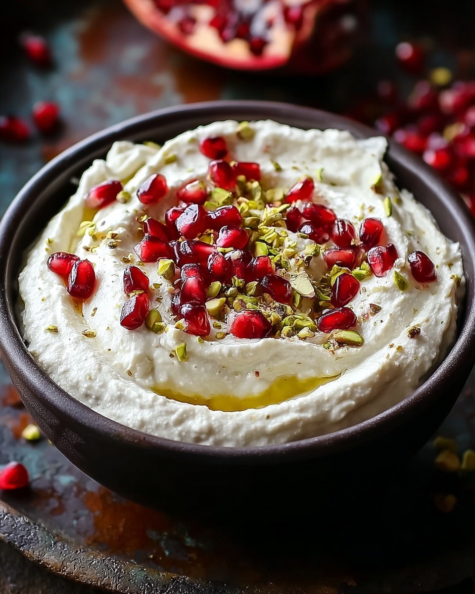 A bowl of white cream with pomegranate and pistachio toppings.