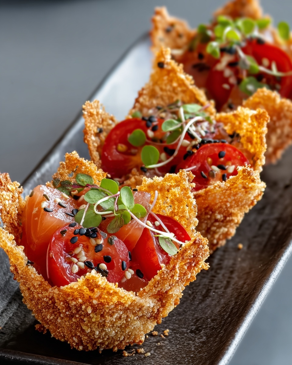 Spicy tuna sesame miso cones with tomatoes and black sesame seeds.