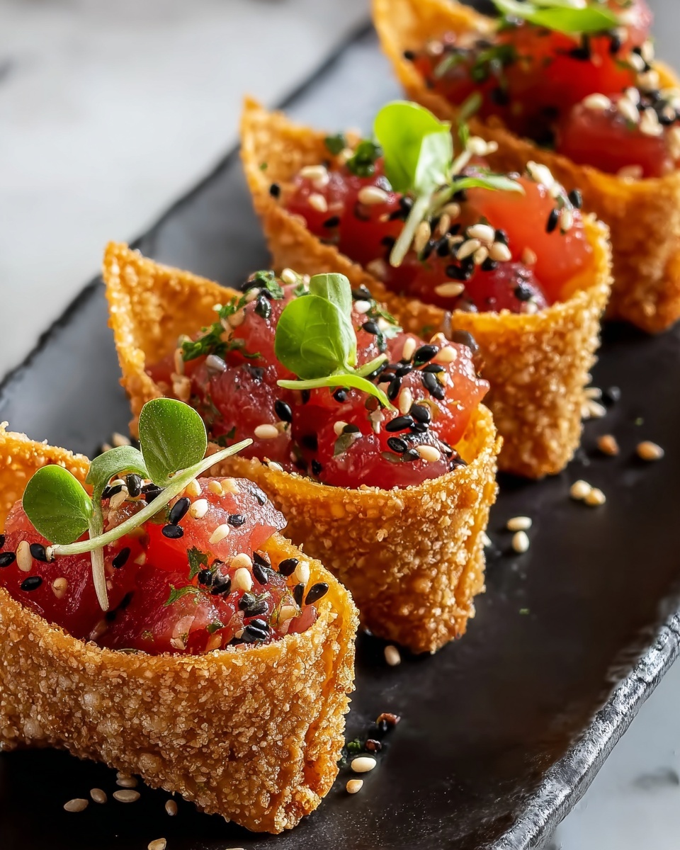A plate of food with sesame cones and tuna.