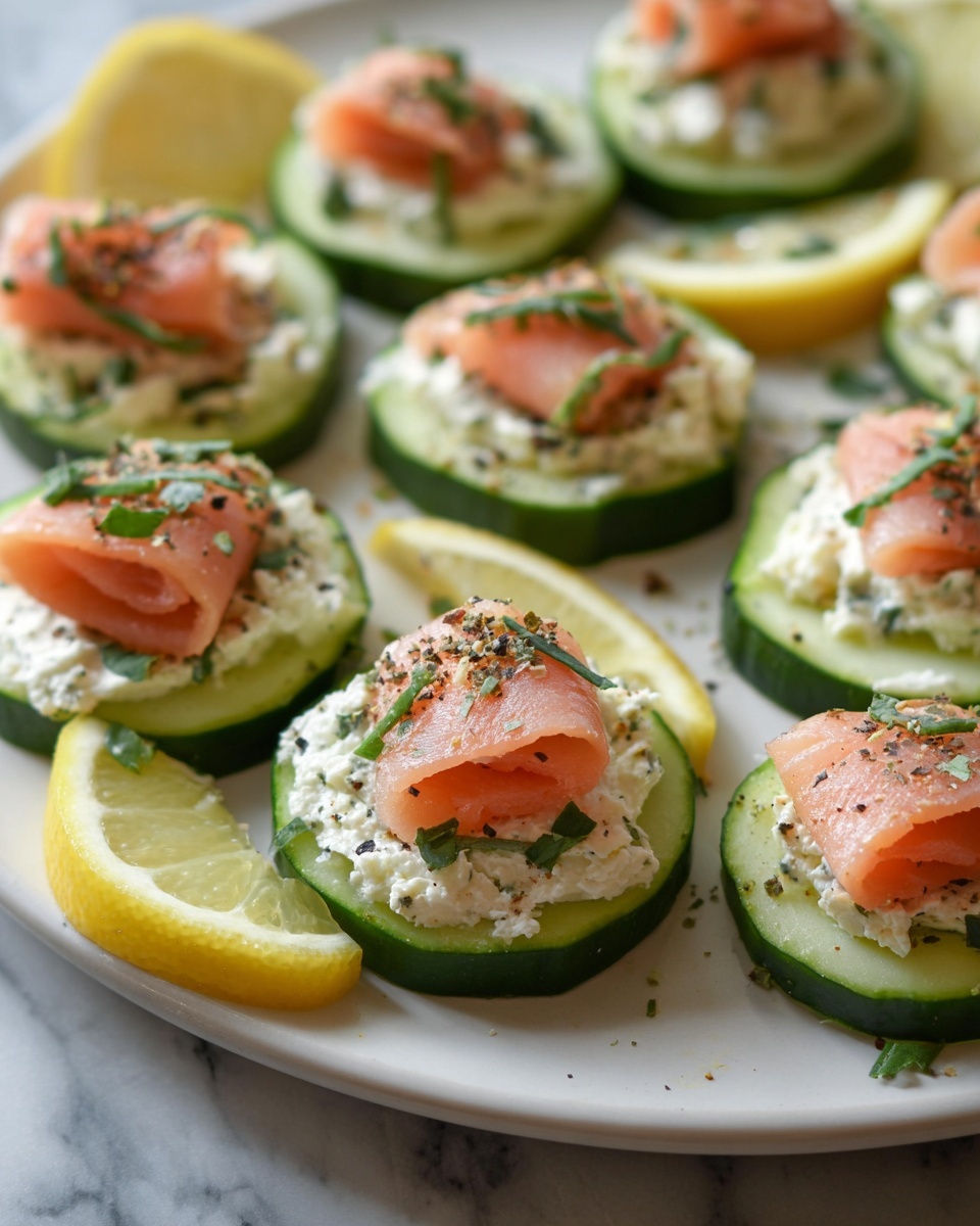 A plate of cucumber smoked salmon bites.