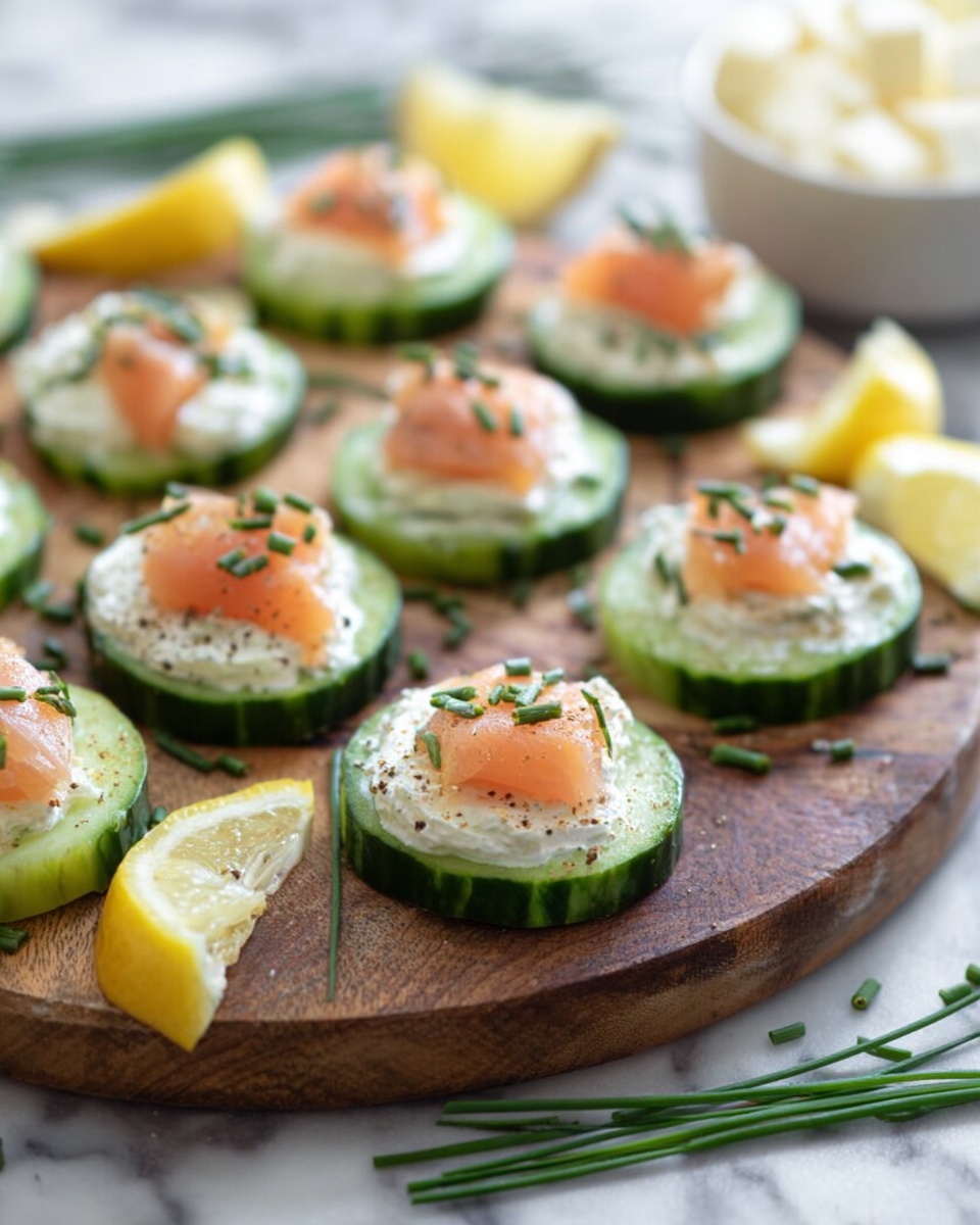 A wooden cutting board with cucumber and smoked salmon bites.