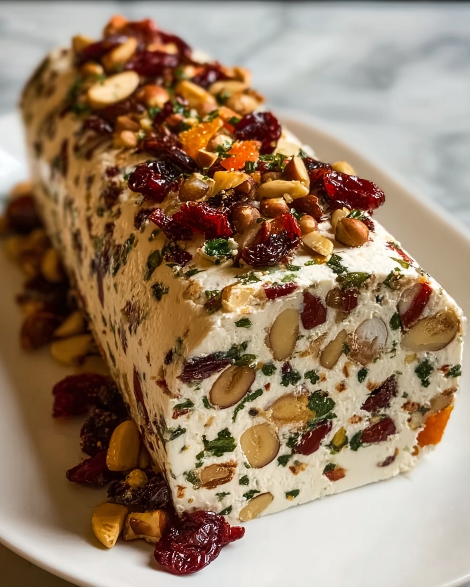 A log of cream cheese with nuts and fruit on top.