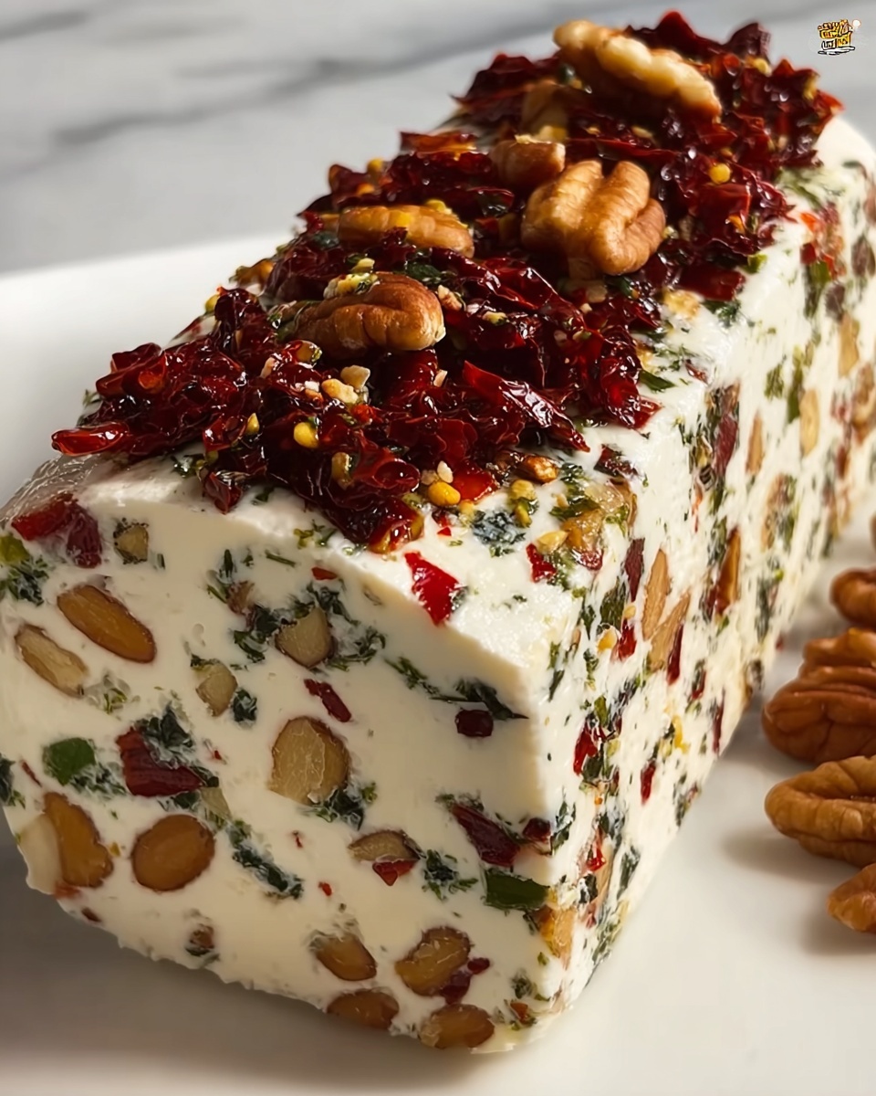 A log of cream cheese with nuts and spices on top.