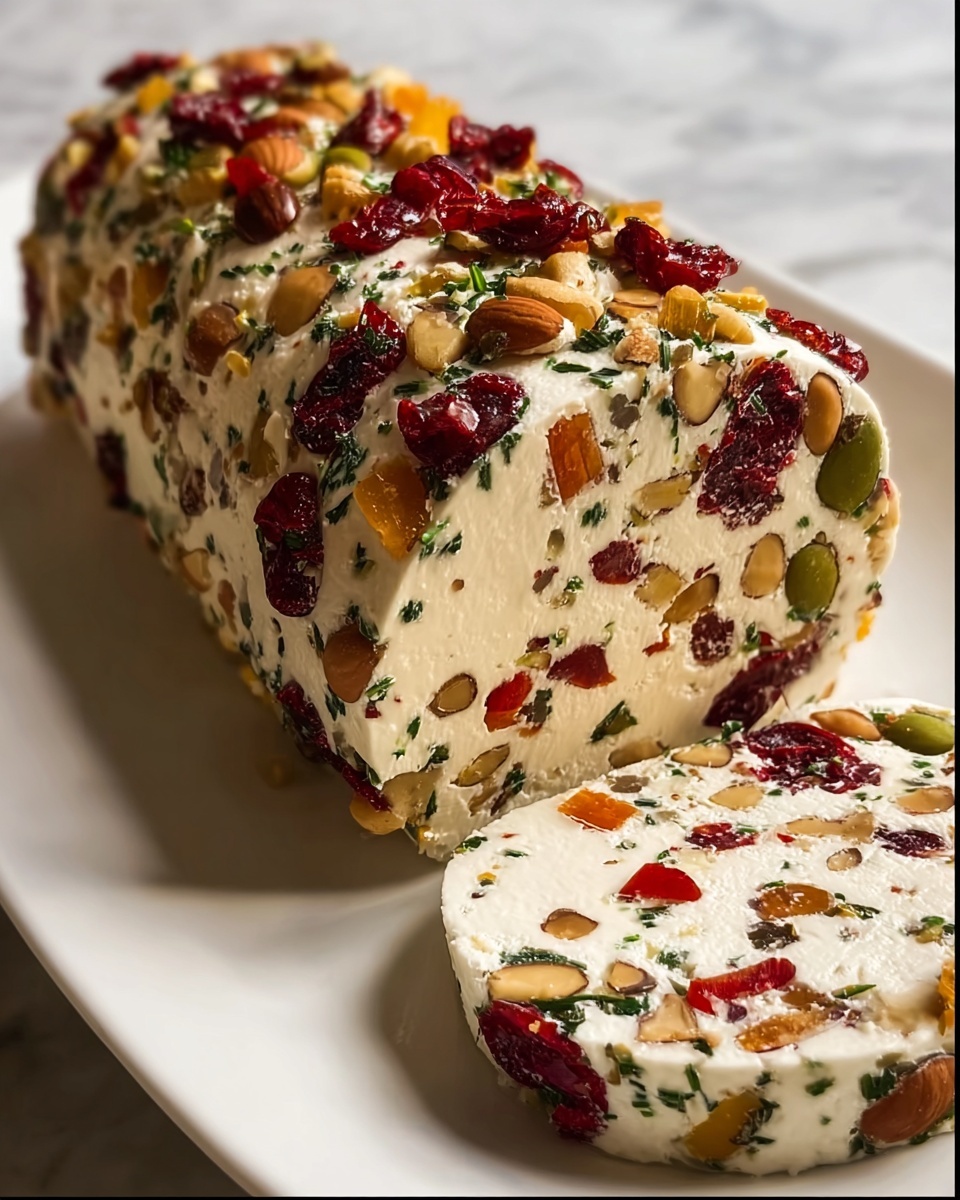 A log of cream cheese with nuts and fruit on top.