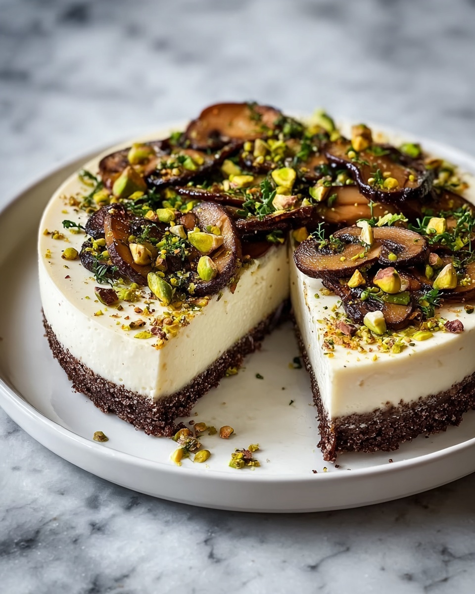A slice of pistachio and mushroom cheesecake.