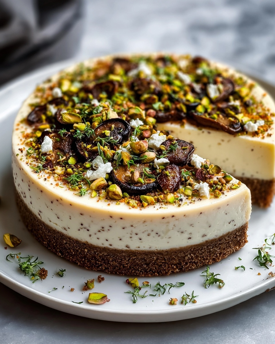 A slice of pistachio and mushroom cheesecake.