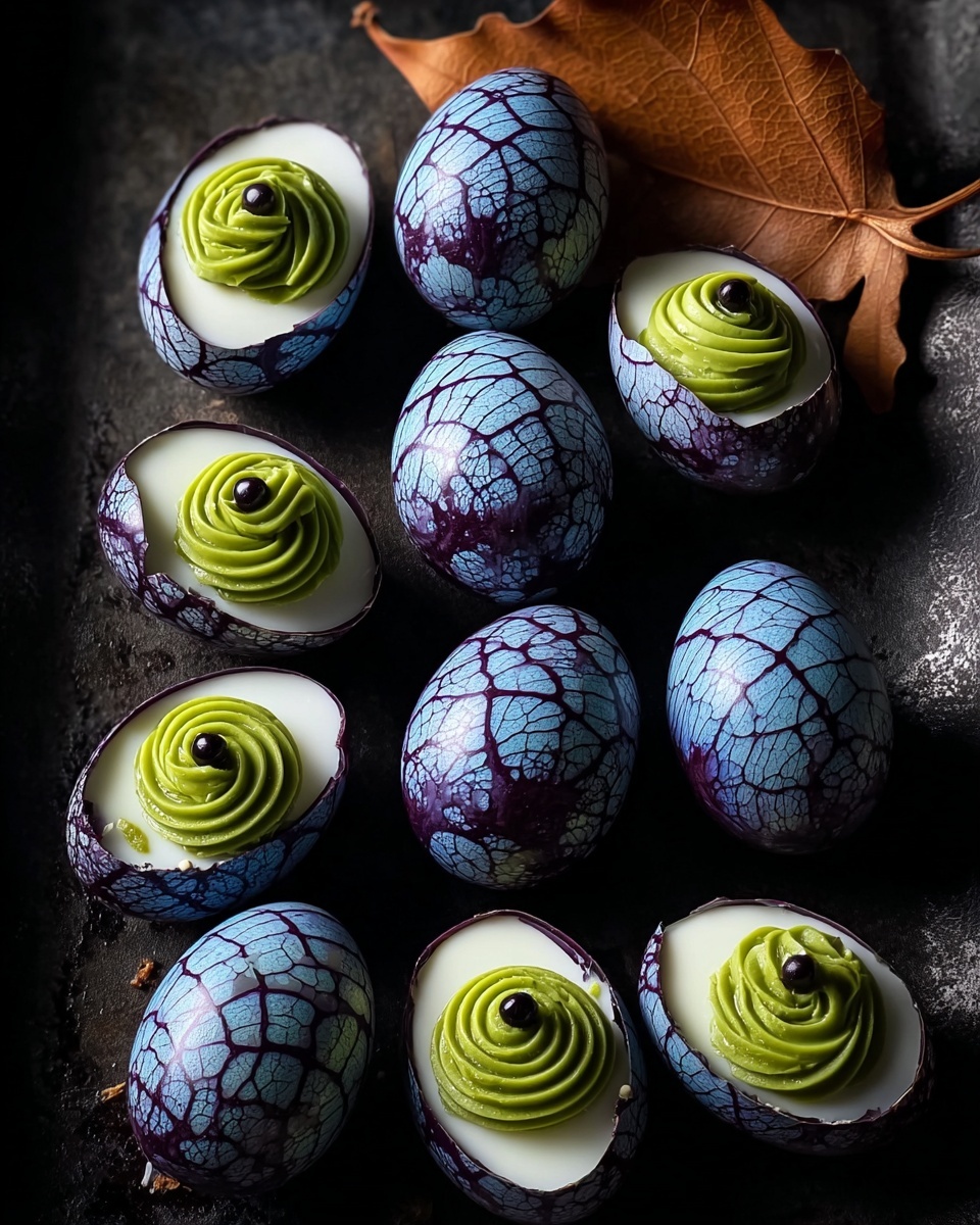 Halloween swamp eggs with green toppings.