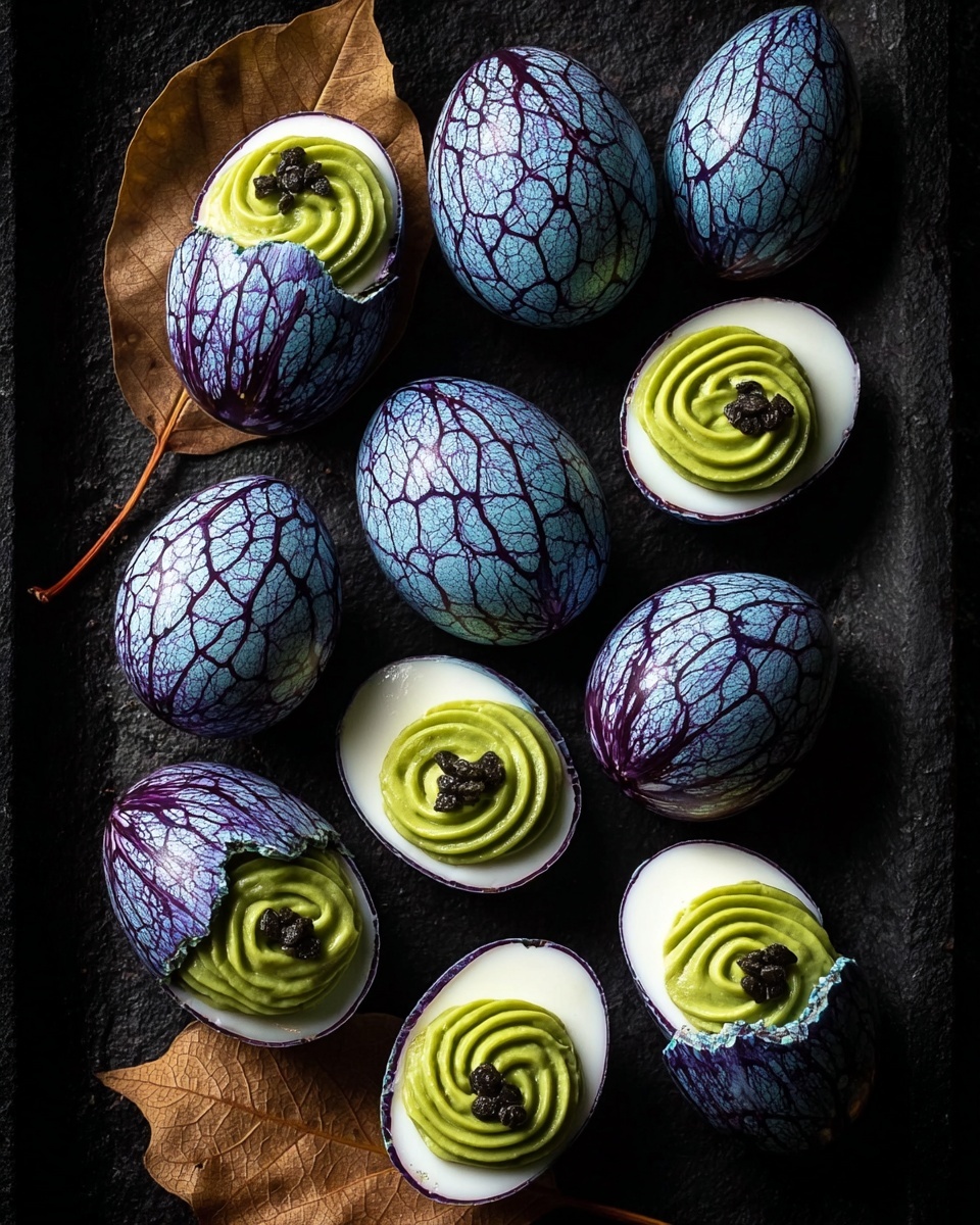 A plate of eggs with green and purple swamp decorations.