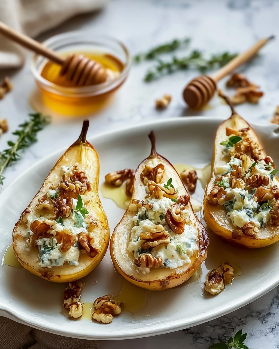 Three stuffed pears with blue cheese and walnuts.