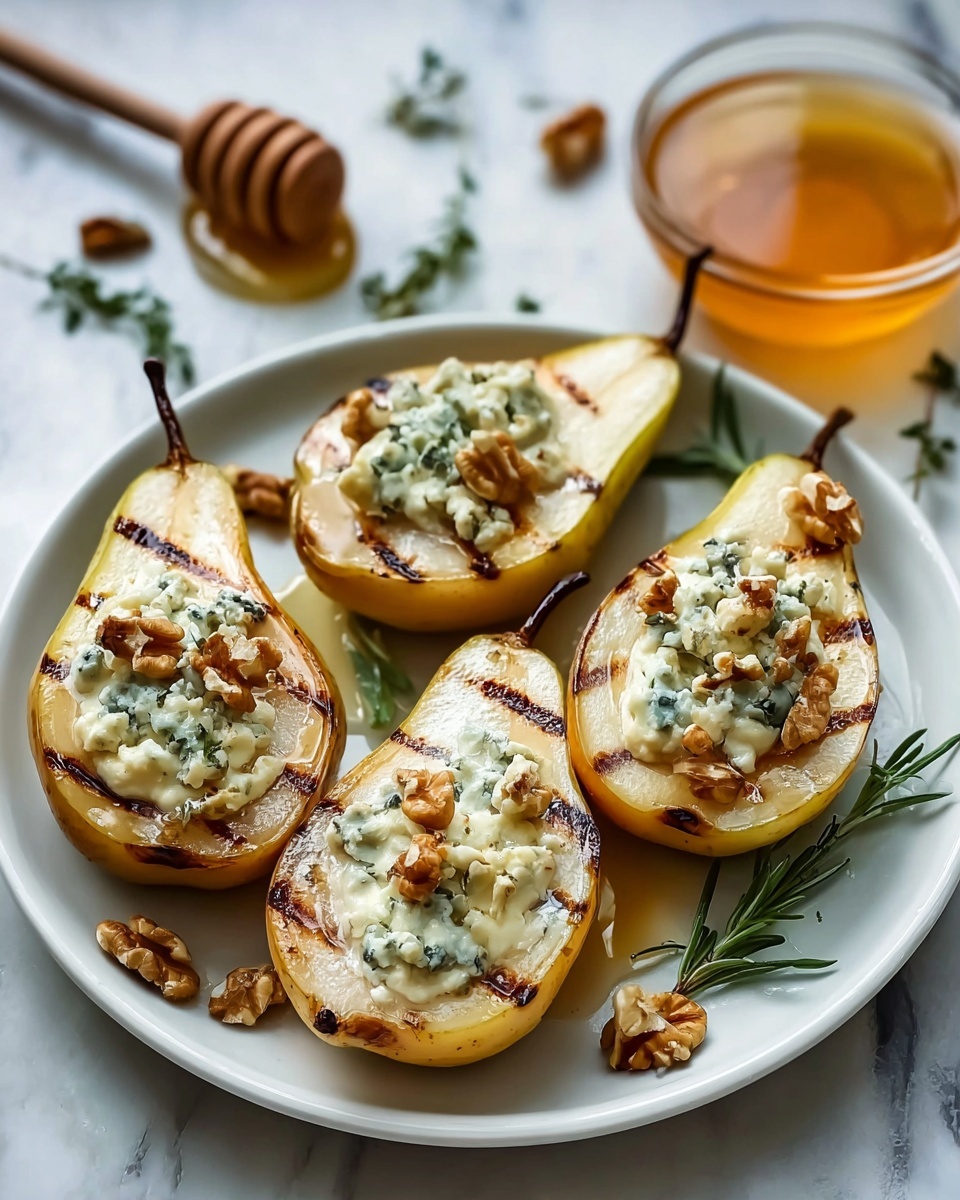 A plate of pears with blue cheese stuffed in them.