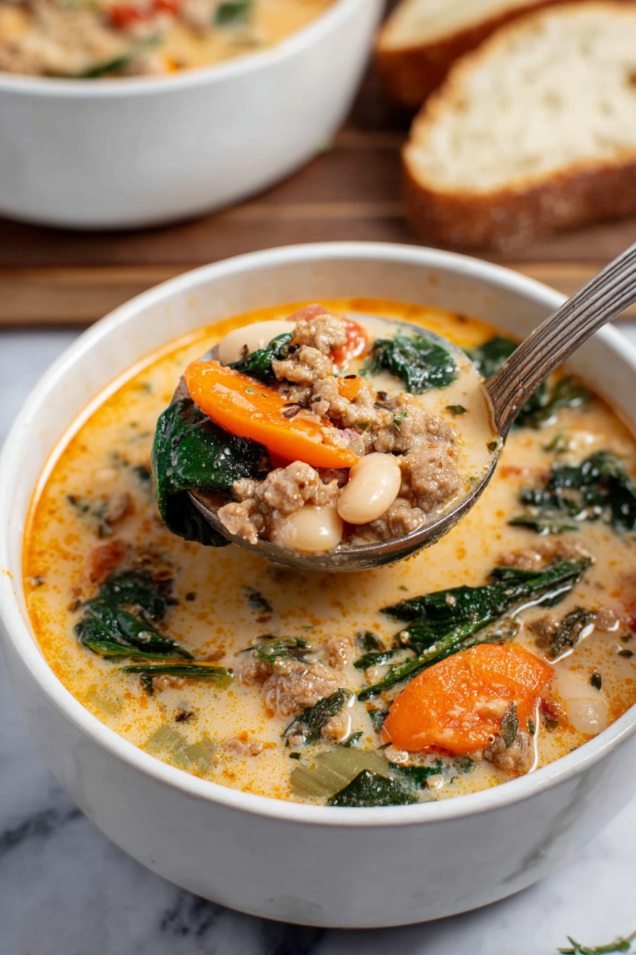 A spoon is in a bowl of soup.