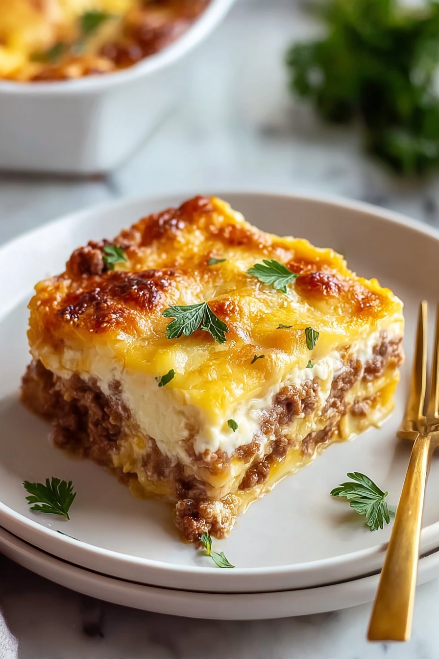 A piece of sausage and egg casserole on a white plate.