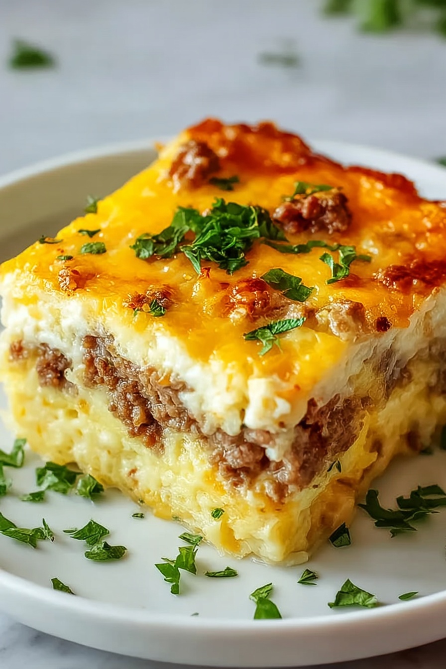 A slice of sausage and egg casserole.