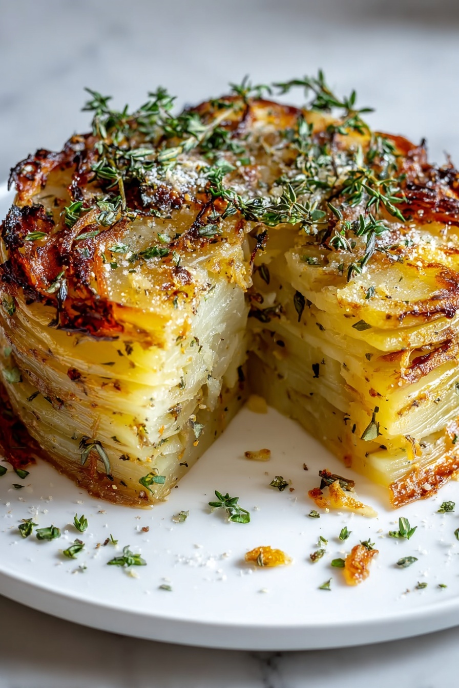 A slice of a crispy balsamic thyme potato torte.