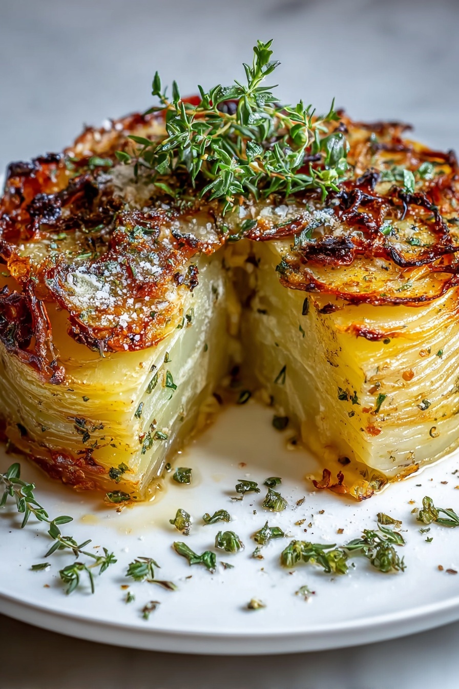A crispy balsamic thyme potato torte is sliced and served on a plate.