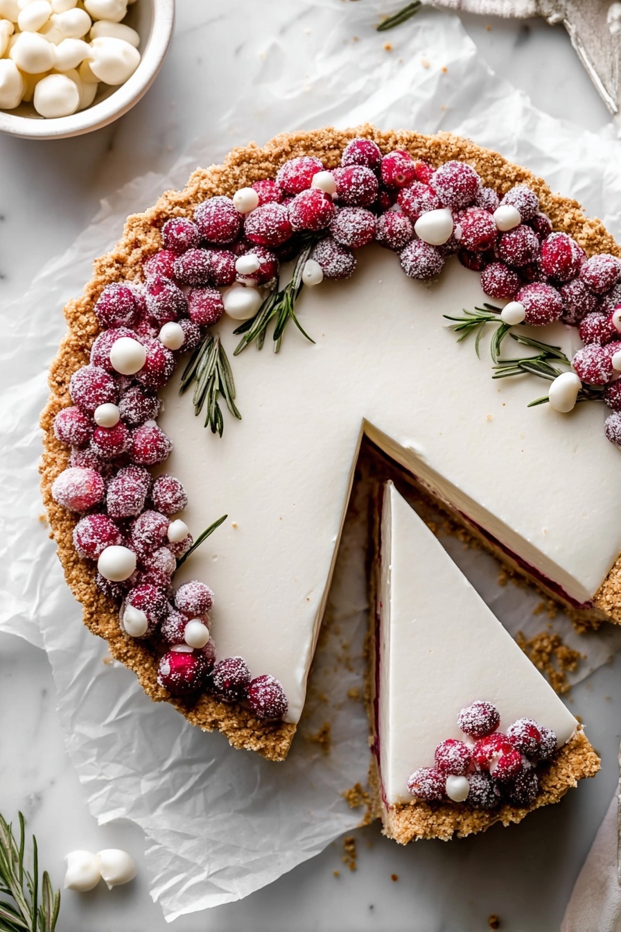 A slice of a cranberry white chocolate tart.