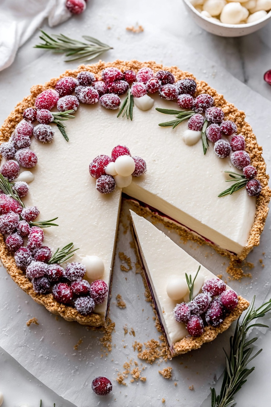 A slice of a cranberry white chocolate tart.