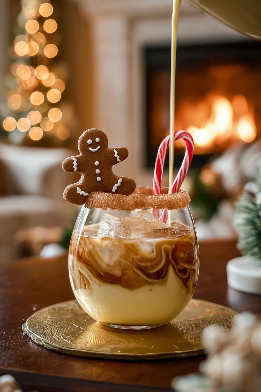A gingerbread man is sitting on top of a white russian.