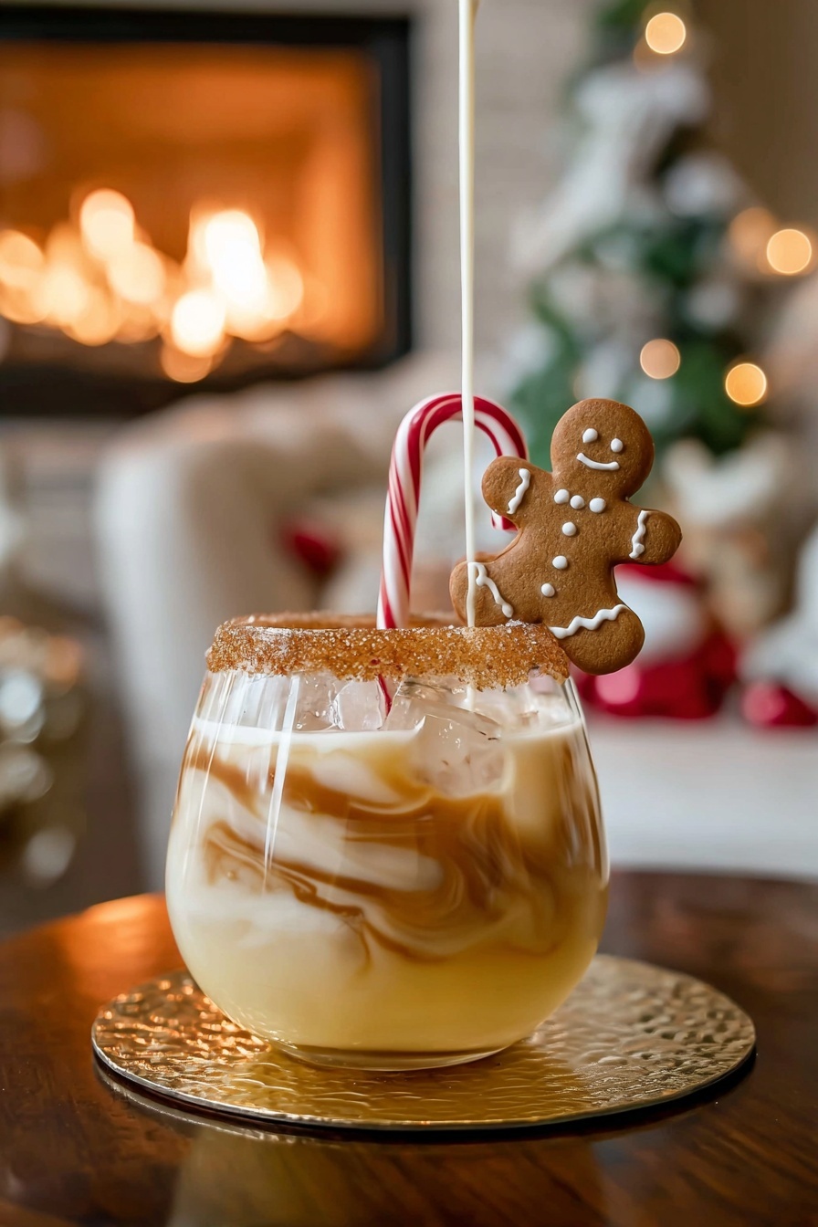 A gingerbread man is on a cocktail stick in a glass of white russian.