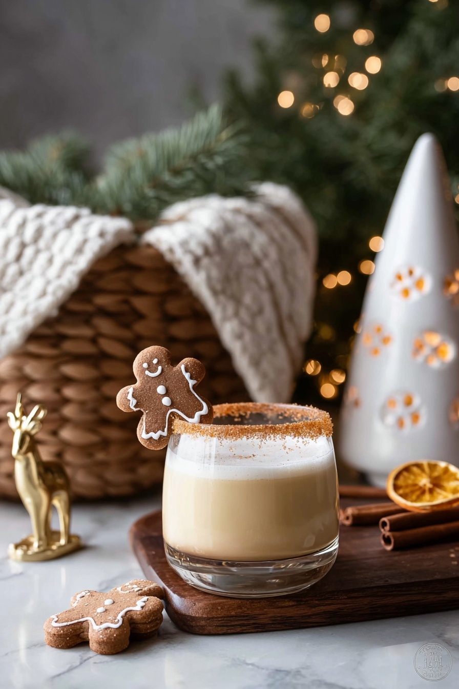 A gingerbread man decoration is on top of a glass of white russian.