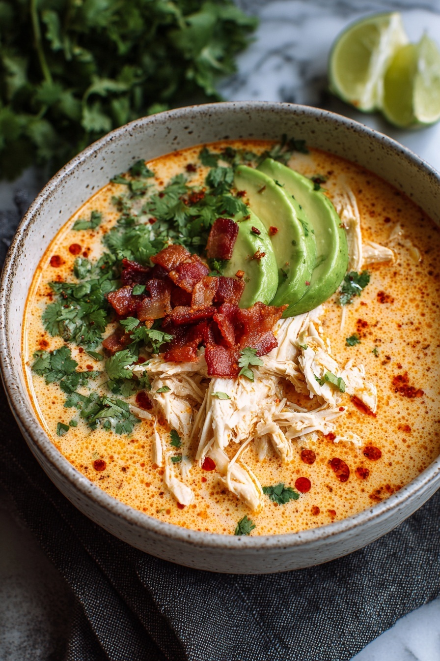 A bowl of creamy chicken enchilada soup.