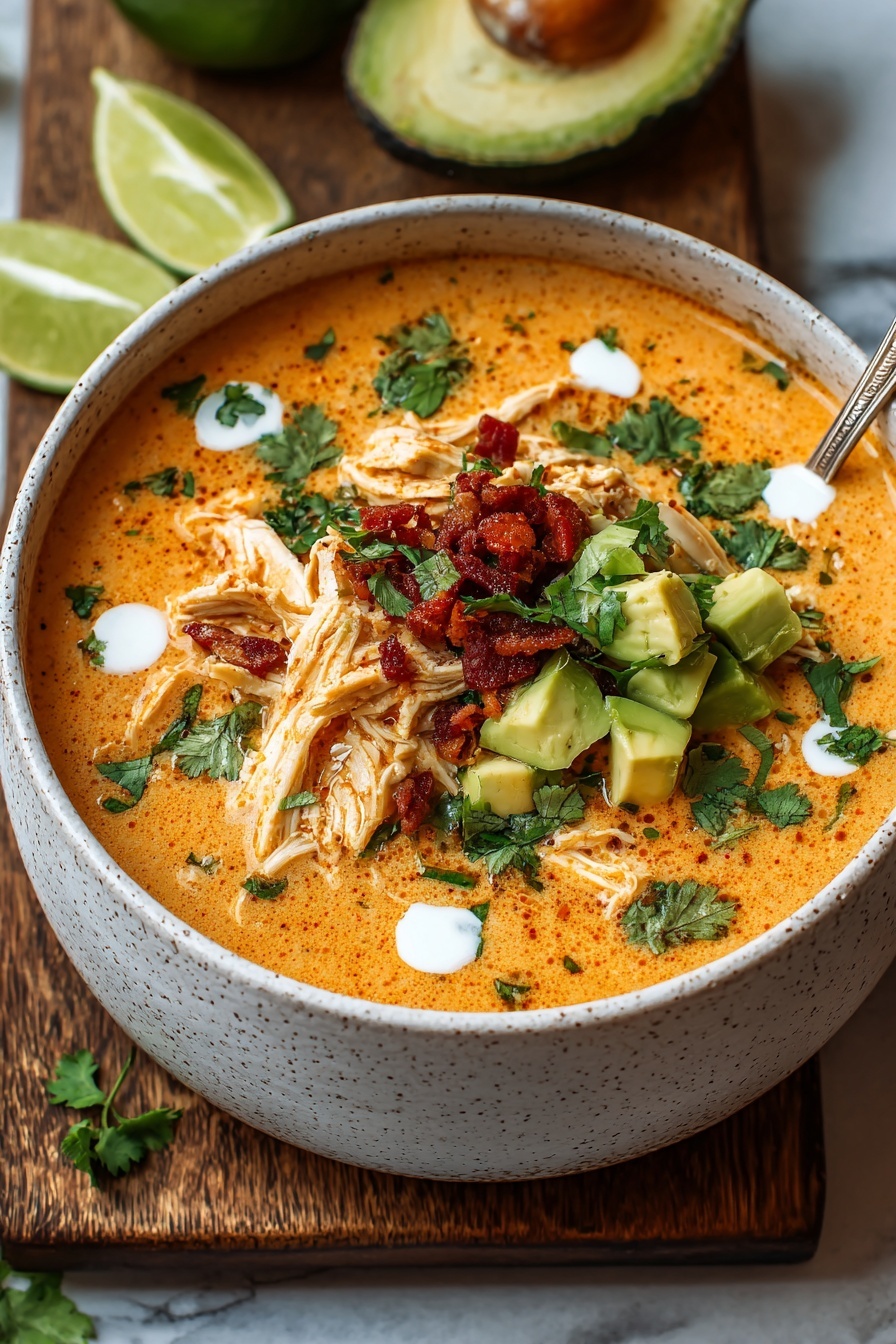 A bowl of soup with chicken, avocado, and lime.
