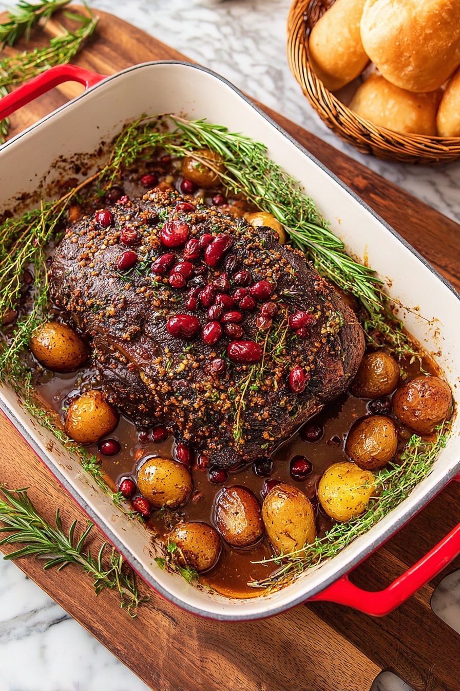 A roast with cranberries and herbs.