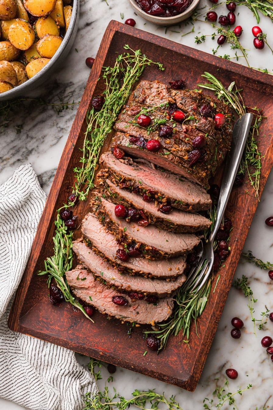A platter of beef brisket with cranberries on top.