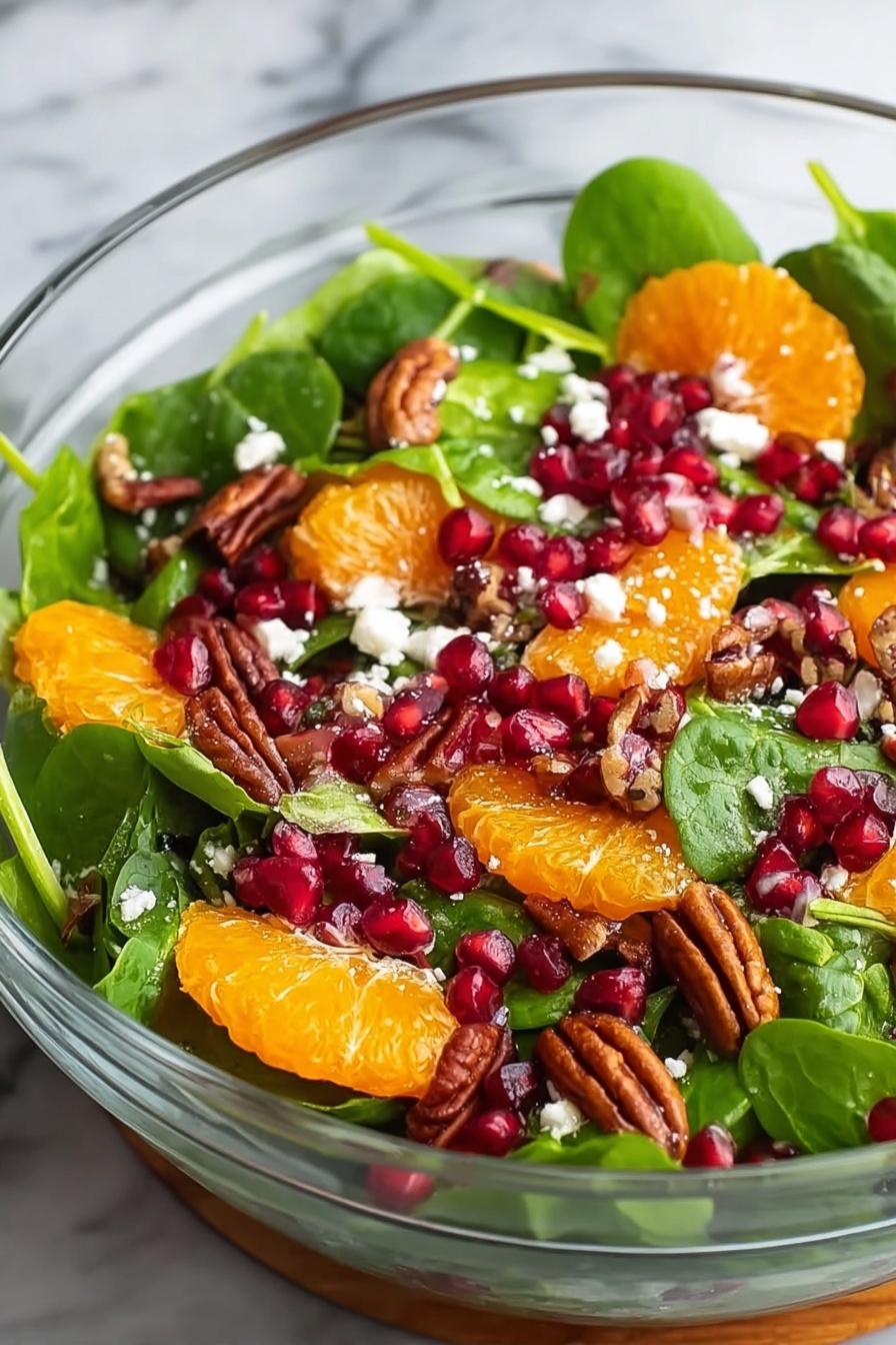 A bowl of Christmas salad with oranges, pomegranate, and pecans.