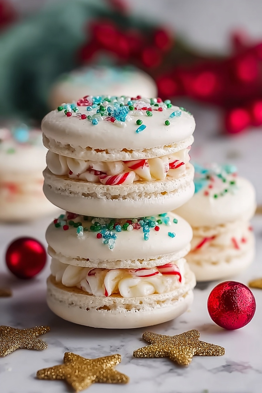 A stack of macarons with white frosting and red and green sprinkles.