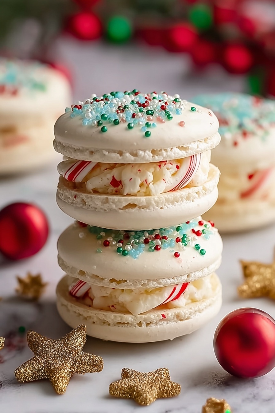 Macarons with green and red sprinkles on top.