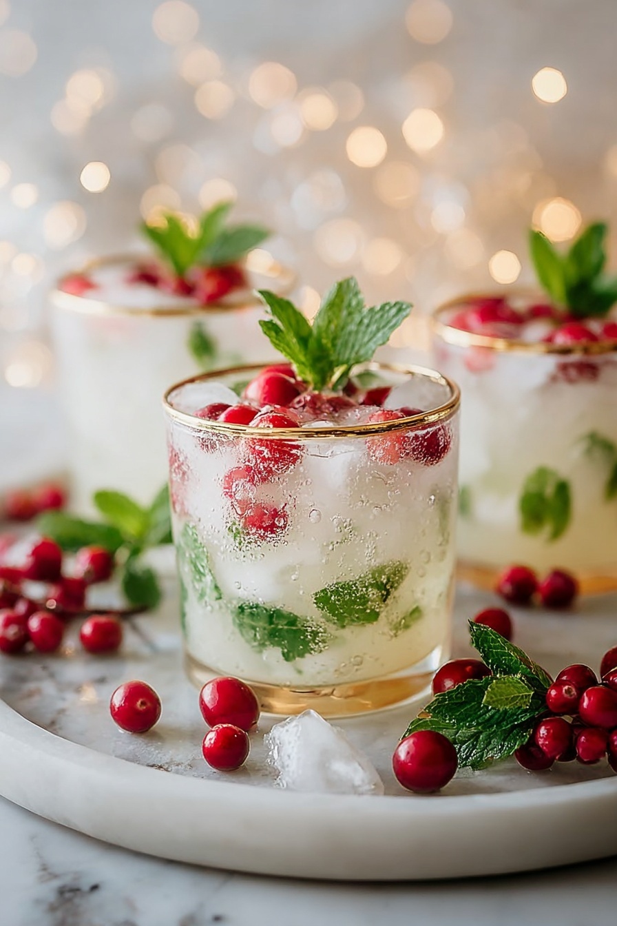A glass of a cold drink with mint and red berries.