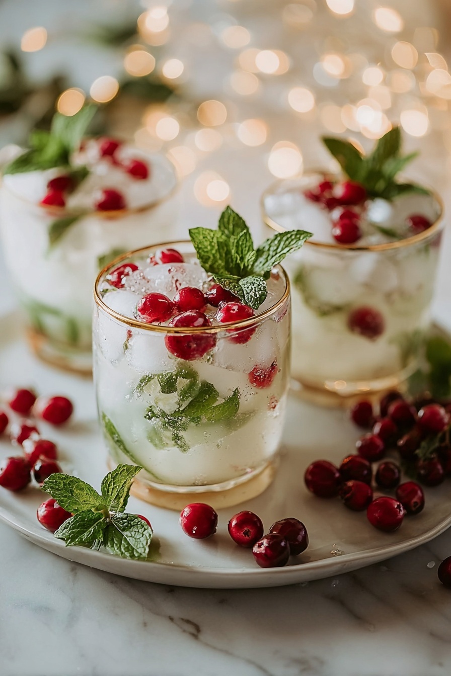 Three glasses of mint and cranberry juice.