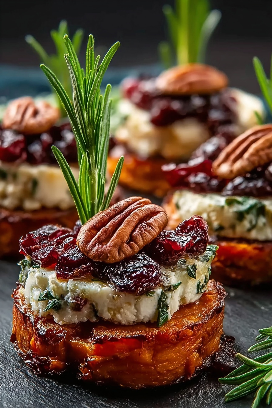 Sweet potato rounds with brie, cranberry and pecans.