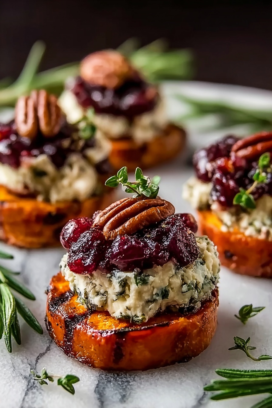 Sweet potato rounds with brie, cranberry and pecans.