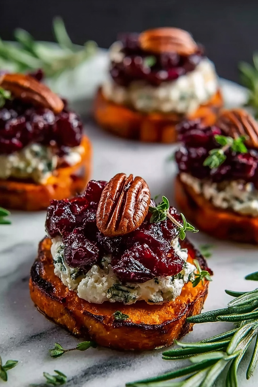 Sweet potato rounds with brie, cranberry and pecans.