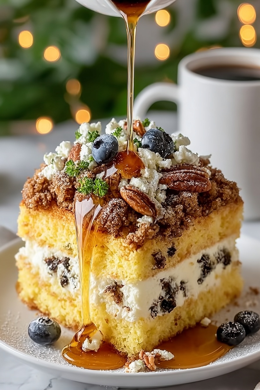 A slice of cake with maple syrup drizzled on top.