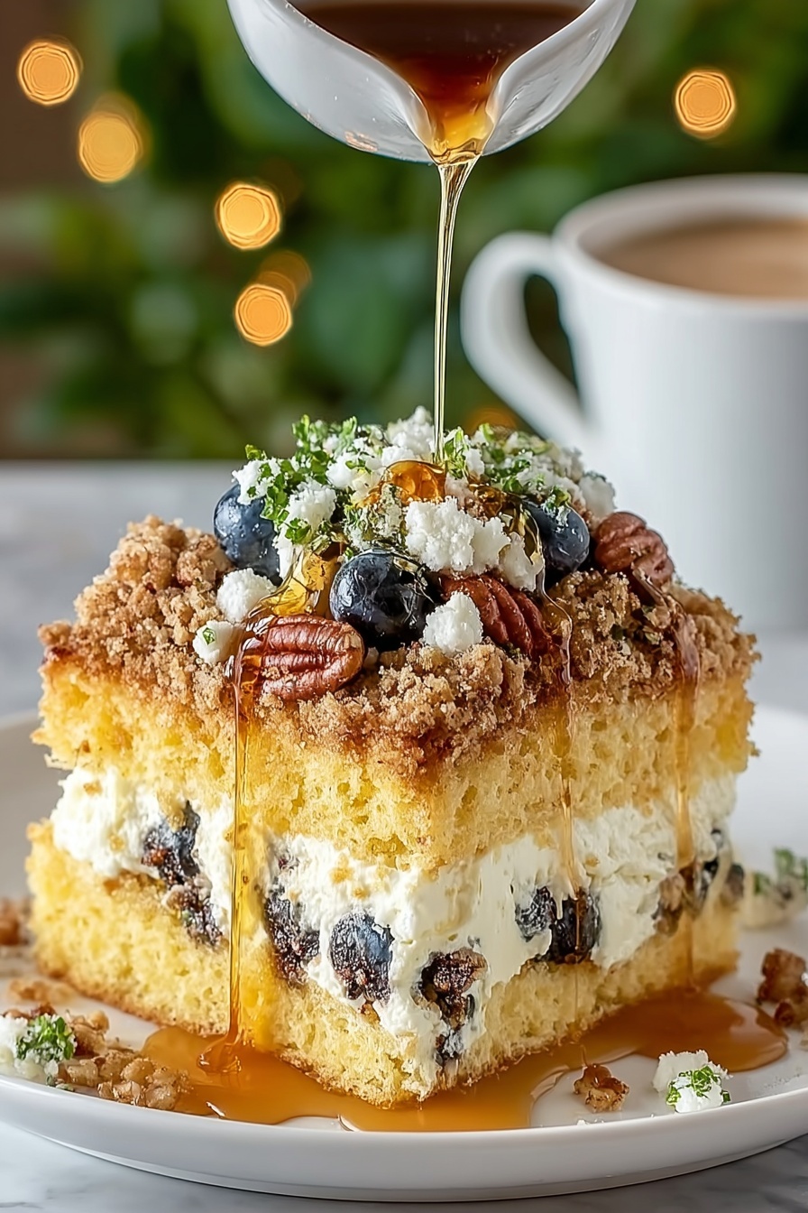 A slice of cake with maple syrup drizzled on top.