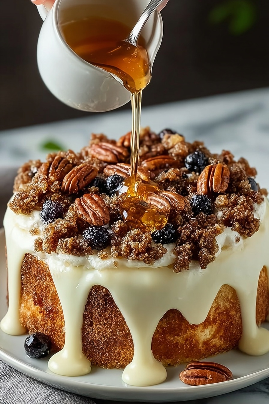 A cake with maple syrup drizzled on top.